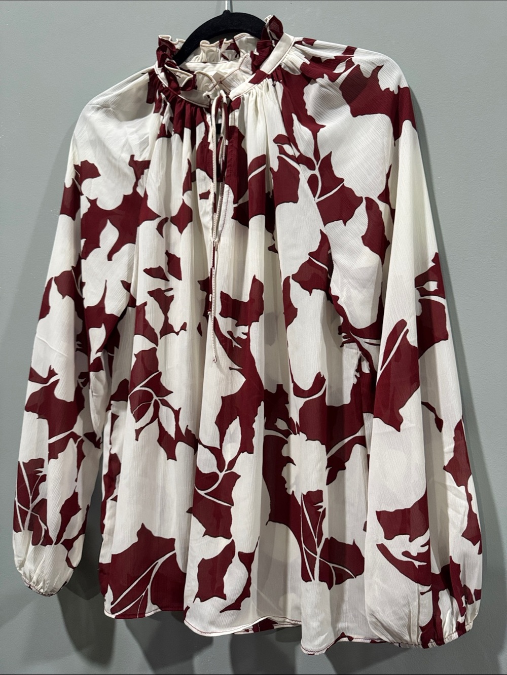 H&M Cream and Burgundy Floral Tie-Neck Blouse